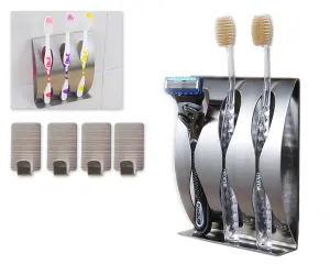 3 Holes Stainless Steel Toothbrush Holder with 4 pieces Hooks