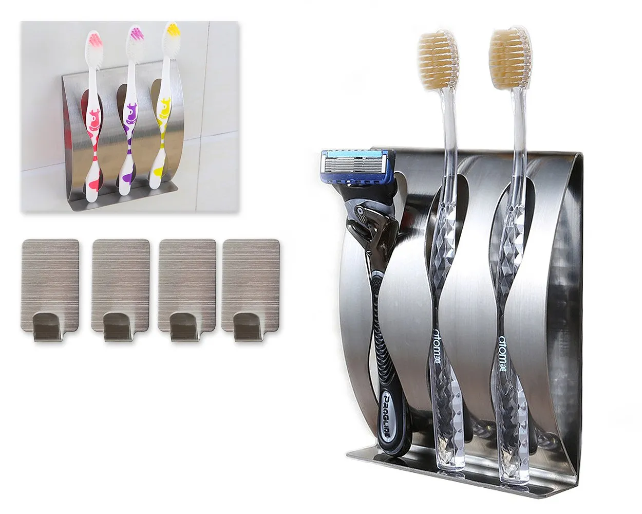 3 Holes Stainless Steel Toothbrush Holder with 4 pieces Hooks