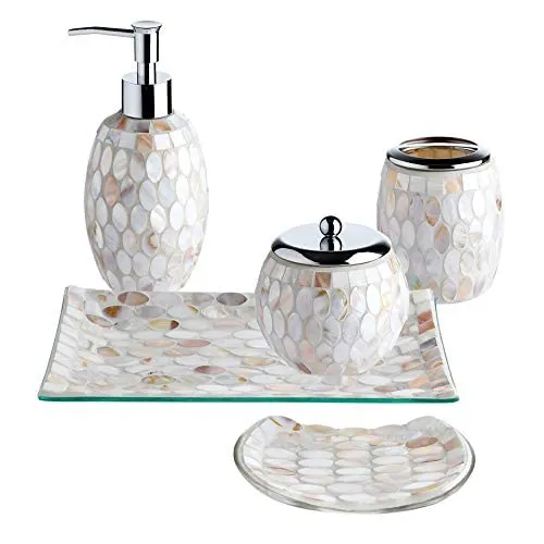 5Piece Bathroom Accessory Set, Mosaic Glass Ensemble-Soap Dispenser/Toothbrush HolderTum