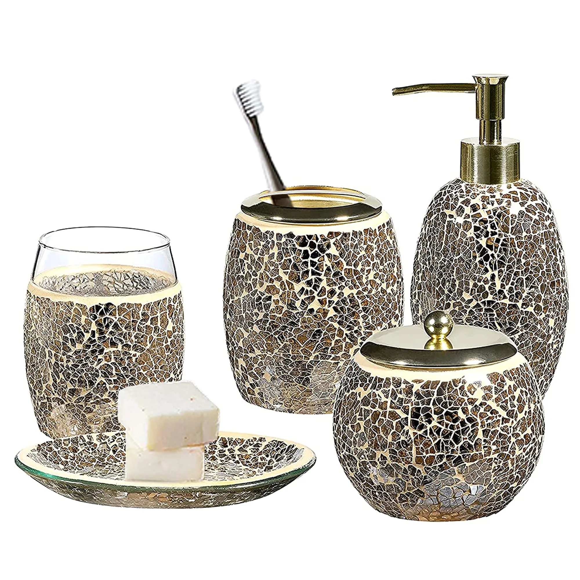 5Piece Bathroom Accessory Set, Mosaic Glass Ensemble-Soap Dispenser/Toothbrush HolderTum