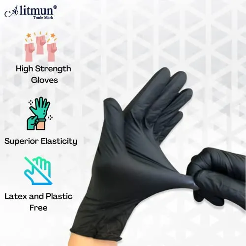 ALITMUN Black Nitrile Gloves, Disposable Powder Free Examination Hand gloves, Multi Purpose with Superior Durability, Surgical & General Gloves (Medium, Pack of 100 (Black))