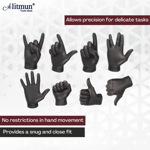 ALITMUN Black Nitrile Gloves, Disposable Powder Free Examination Hand gloves, Multi Purpose with Superior Durability, Surgical & General Gloves (Medium, Pack of 100 (Black))