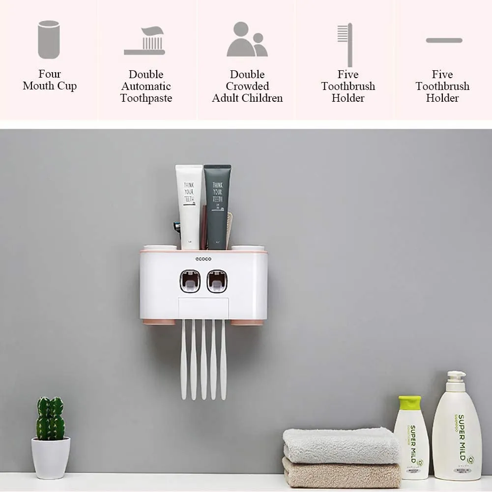 Ecoco Wall-Mounted Toothbrush Holder with 2 Toothpaste Dispensers 4 Cups and 5 Toothbrush Slots Toiletries Bathroom Storage Rack (Grey)