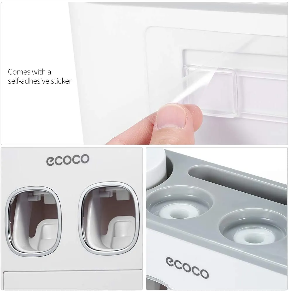 Ecoco Wall-Mounted Toothbrush Holder with 2 Toothpaste Dispensers 4 Cups and 5 Toothbrush Slots Toiletries Bathroom Storage Rack (Grey)