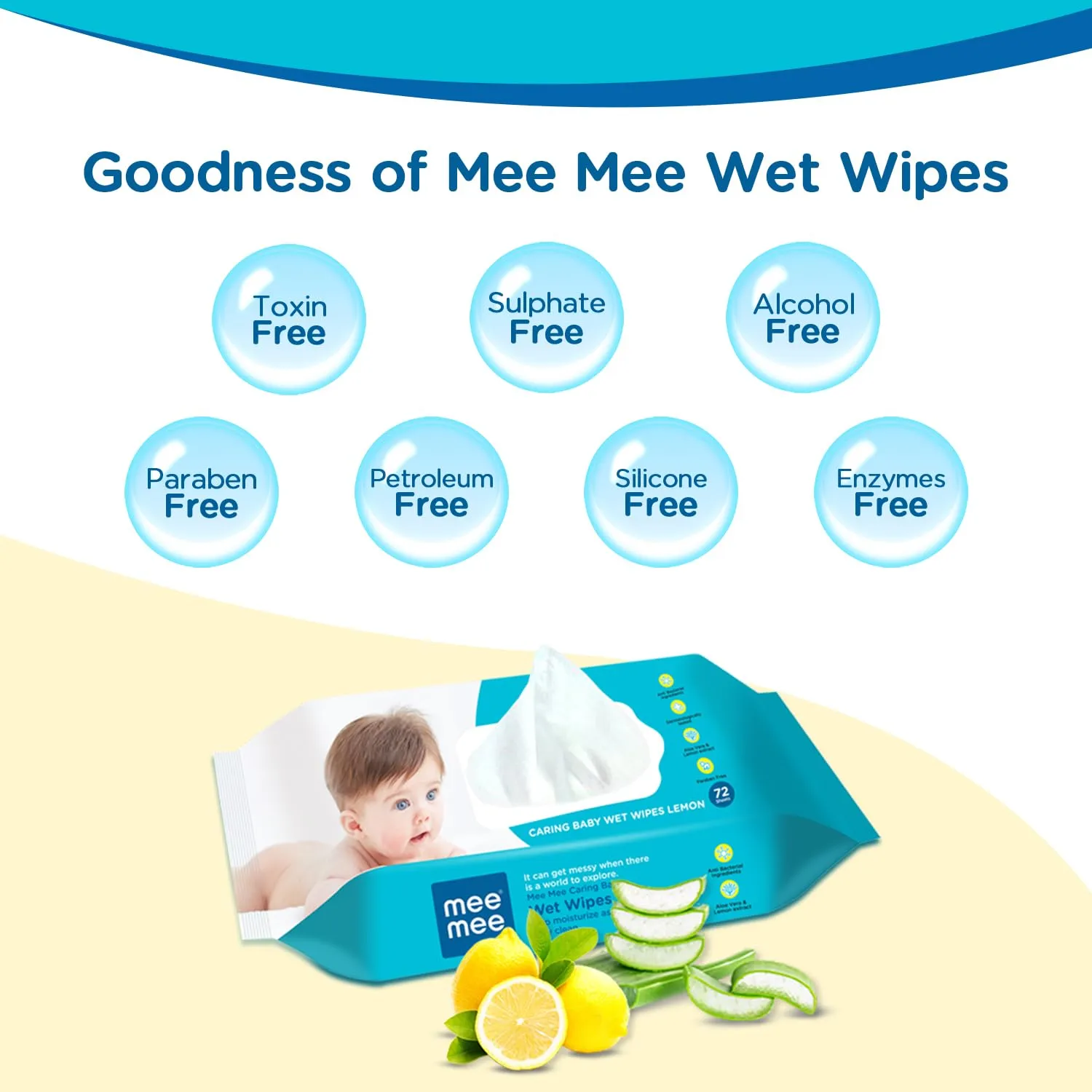 Mee Mee Baby Gentle fresh Wet Wipes tissues for newborn babies/infants with Lemon extracts for Cleaning | 72 pcs each pack | Pack of 5