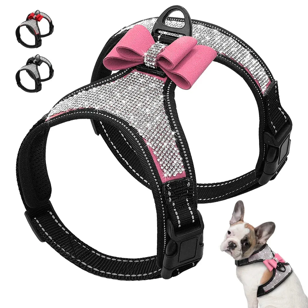 Reflective Rhinestone Dog Harness with Bowknot for Small to Medium Breeds