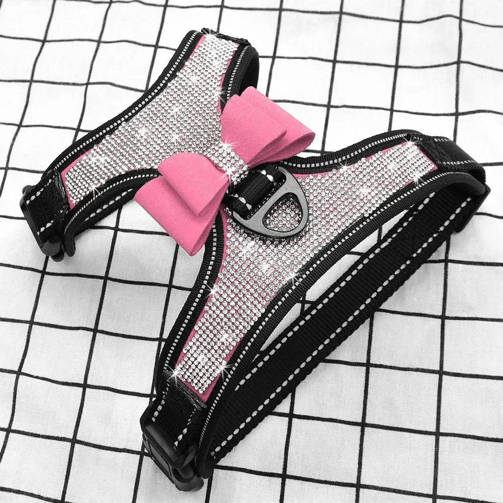 Reflective Rhinestone Dog Harness with Bowknot for Small to Medium Breeds