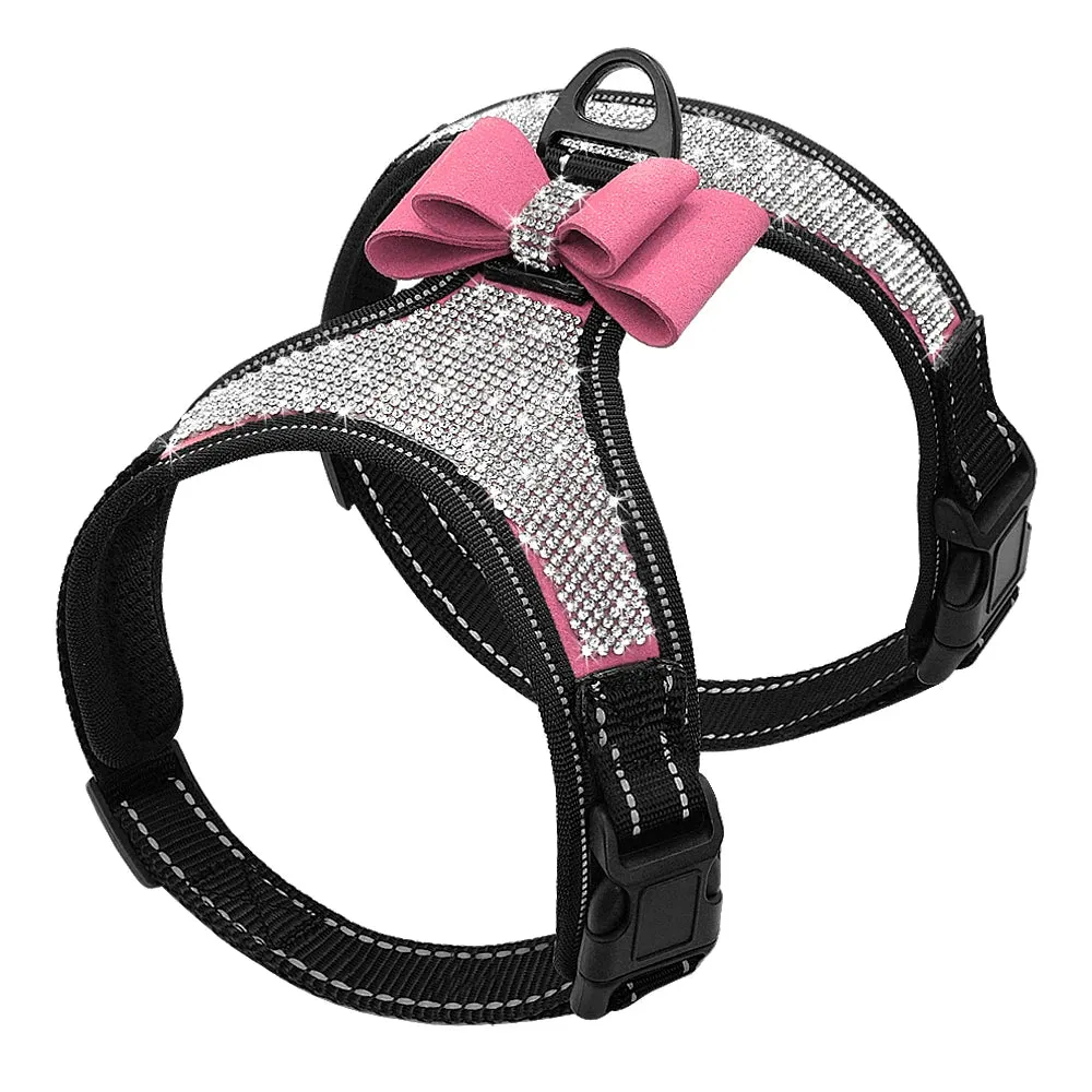 Reflective Rhinestone Dog Harness with Bowknot for Small to Medium Breeds