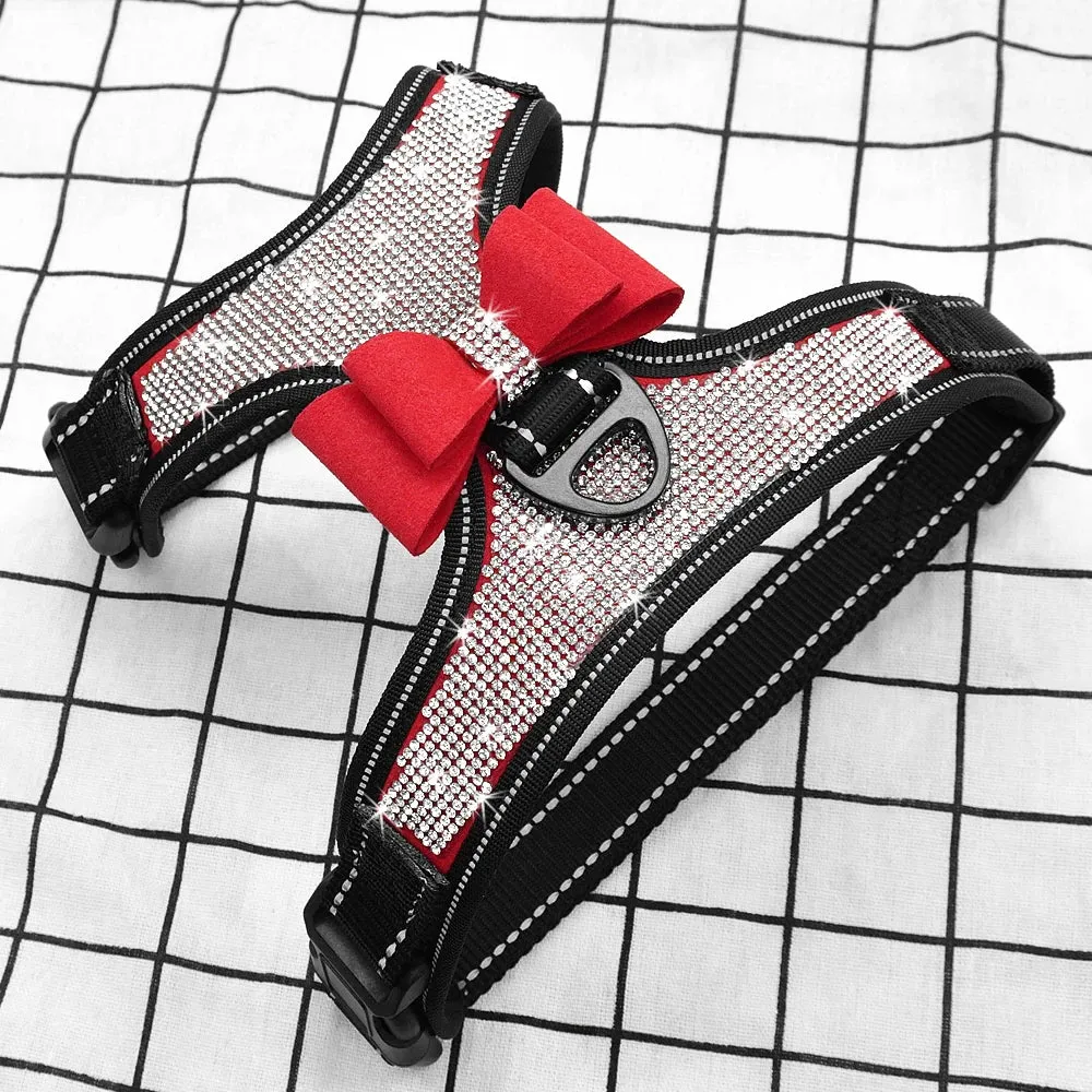 Reflective Rhinestone Dog Harness with Bowknot for Small to Medium Breeds