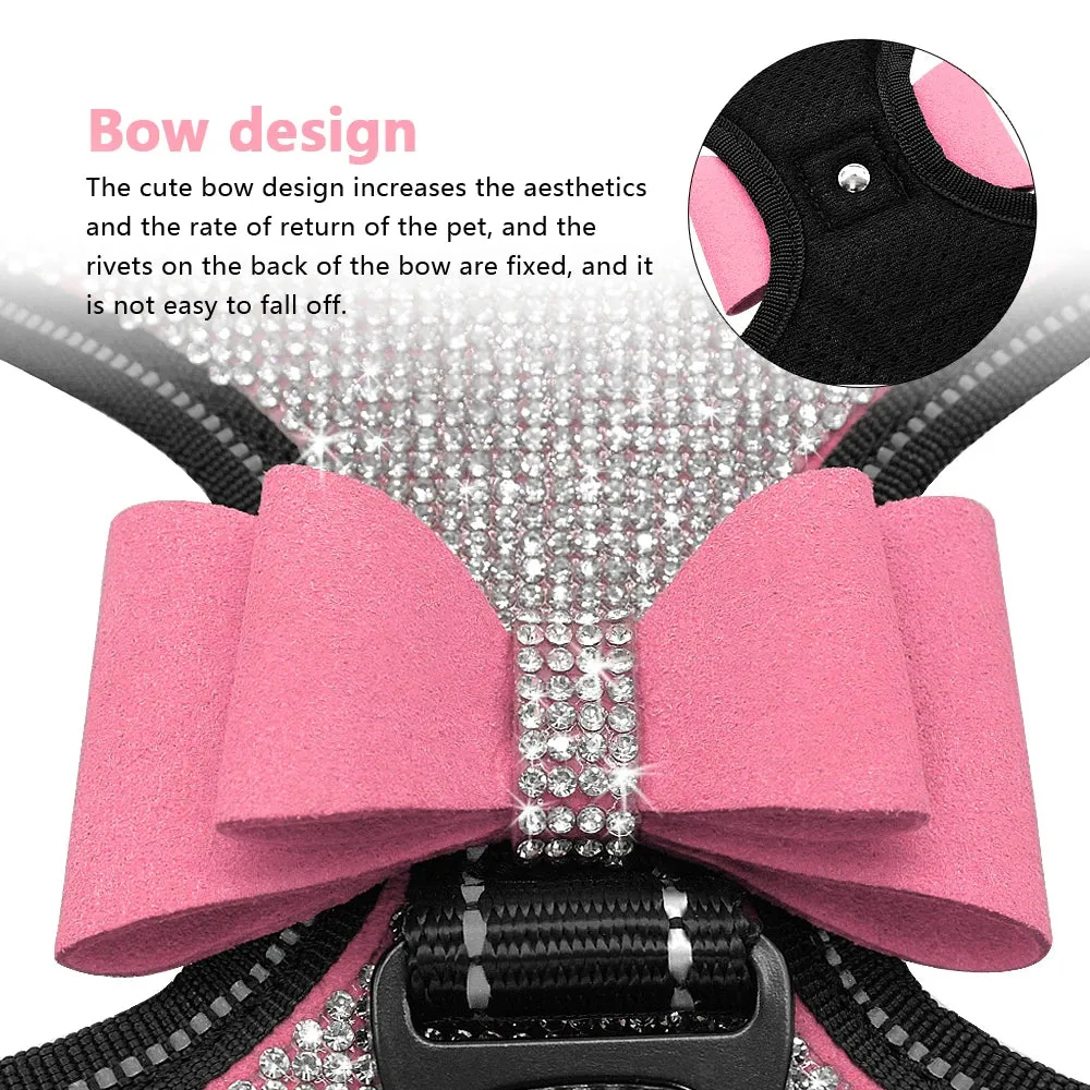 Reflective Rhinestone Dog Harness with Bowknot for Small to Medium Breeds