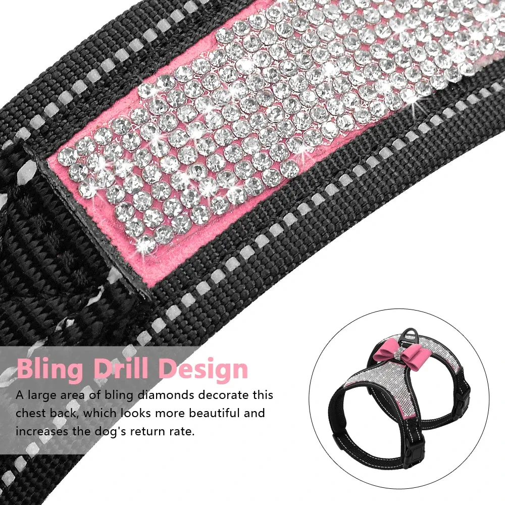 Reflective Rhinestone Dog Harness with Bowknot for Small to Medium Breeds