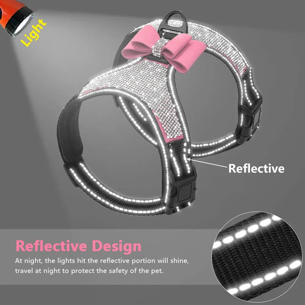 Reflective Rhinestone Dog Harness with Bowknot for Small to Medium Breeds